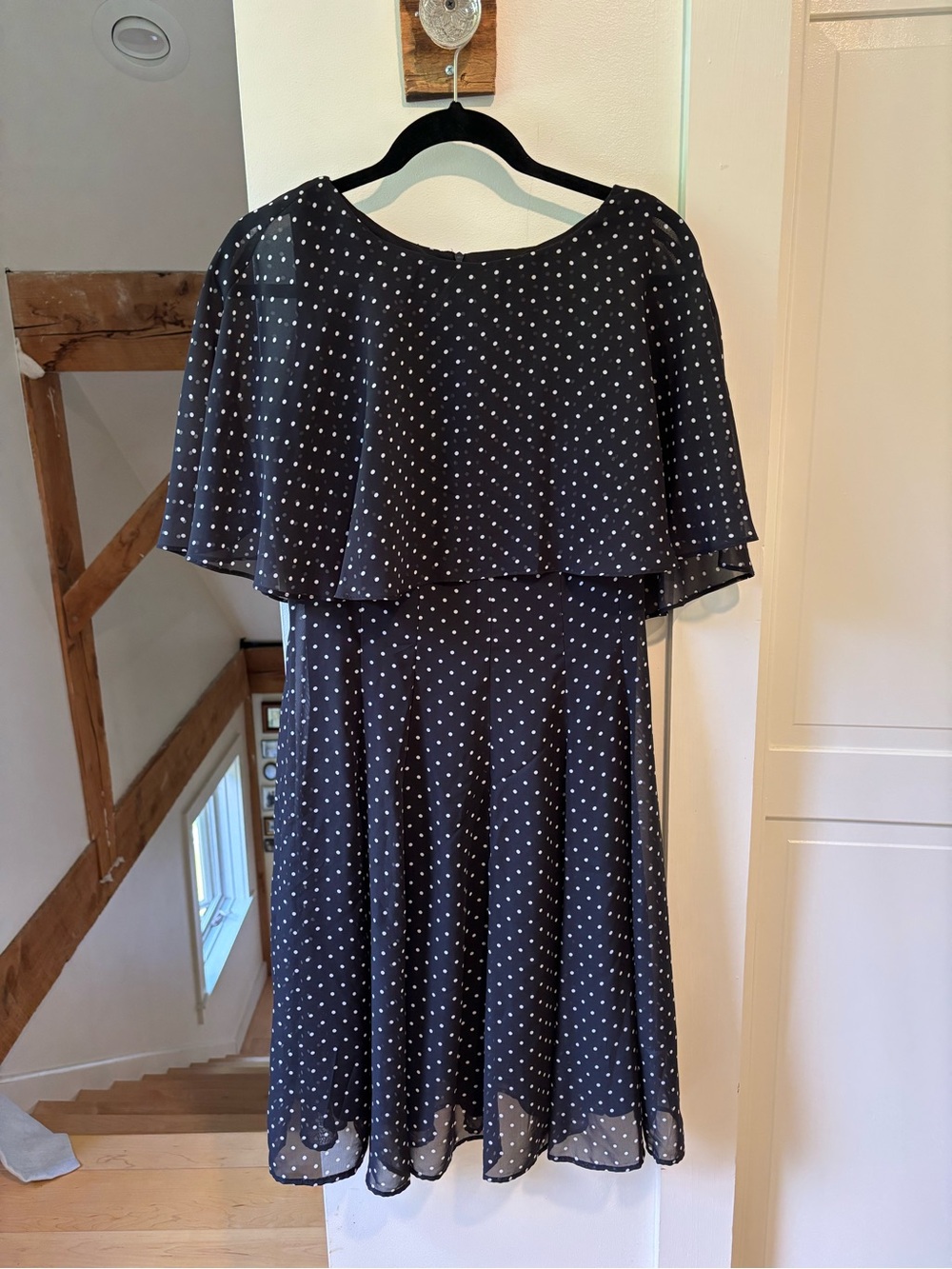 Danny And Nicole Black Polka Dot Knee Length Dress with Capelet Overlay, size 10